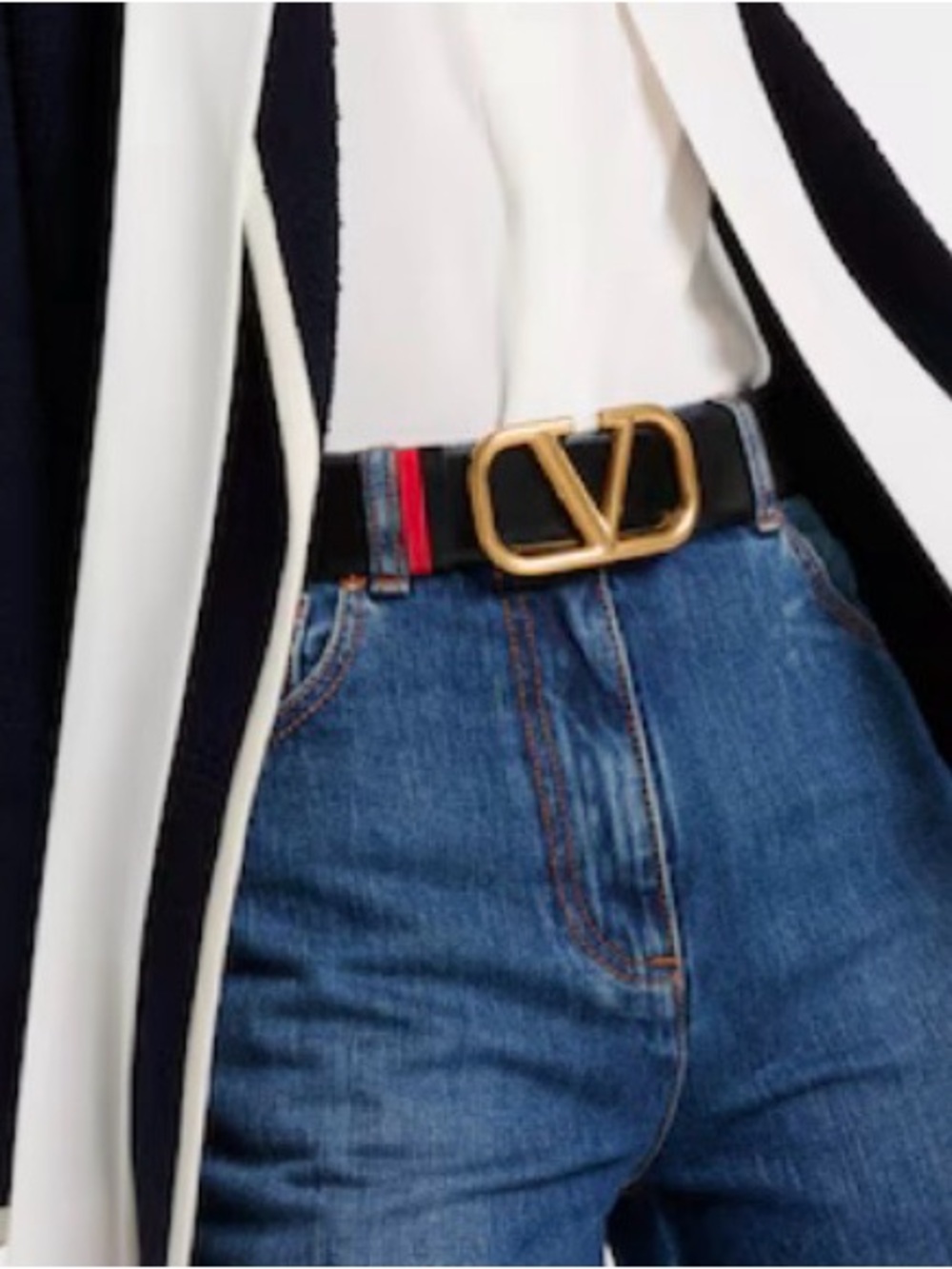 Valentino Black Canvas Belt with red V Logo and Red Stripe